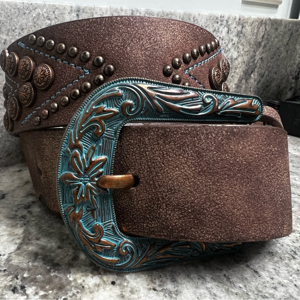 Brown Leather Belt with Turquoise Buckle size large western belt with buckle